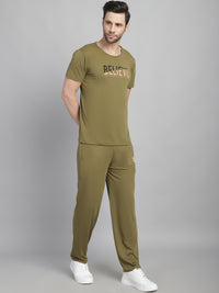 Vimal Jonney Olive Cotton Printed Co-ord Set Tracksuit For Men(Zip On 1 Side Pocket)