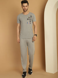 Vimal Jonney Grey Melange Cotton Printed Co-ord Set Tracksuit For Men(Zip On 1 Side Pocket)