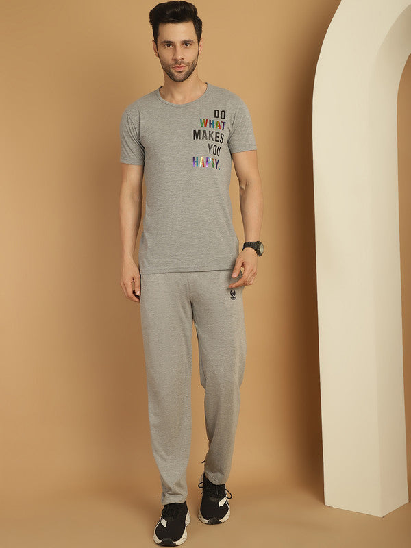 Vimal Jonney Grey Melange Cotton Printed Co-ord Set Tracksuit For Men(Zip On 1 Side Pocket)