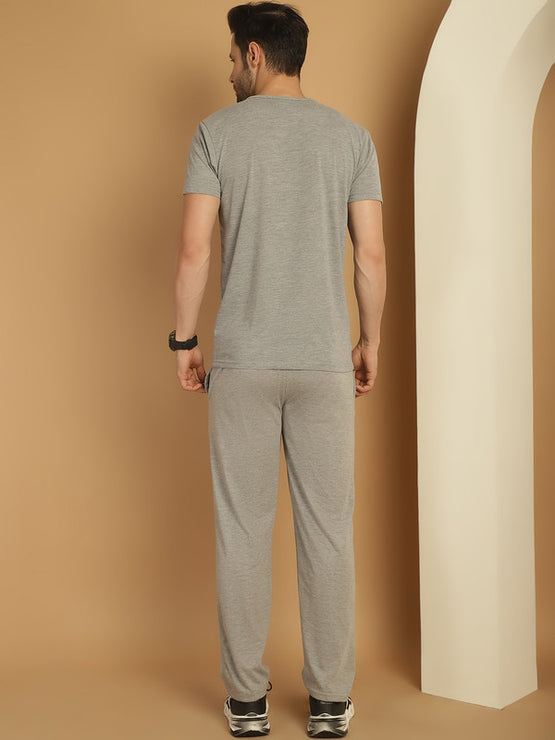 Vimal Jonney Grey Melange Cotton Printed Co-ord Set Tracksuit For Men(Zip On 1 Side Pocket)