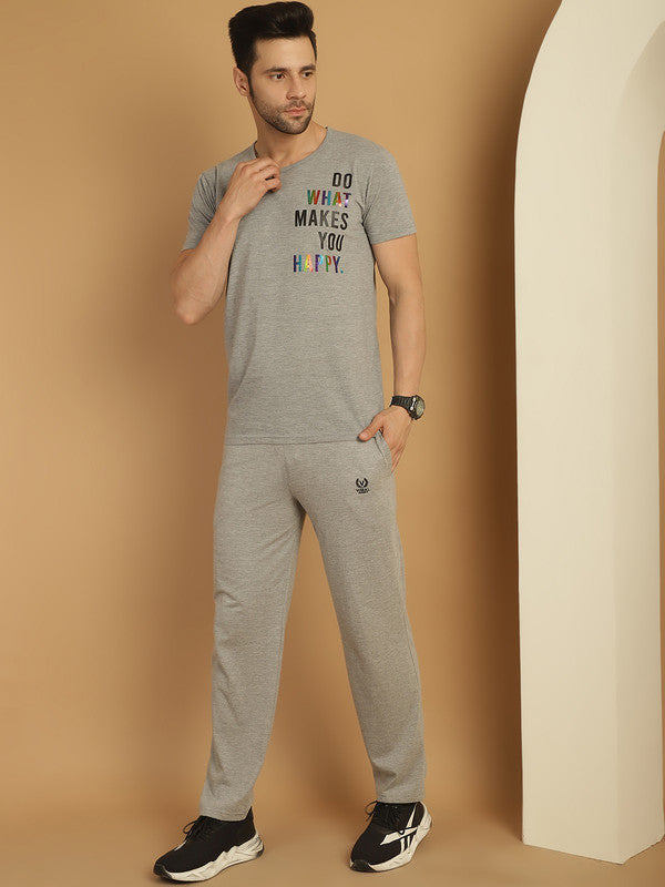 Vimal Jonney Grey Melange Cotton Printed Co-ord Set Tracksuit For Men(Zip On 1 Side Pocket)