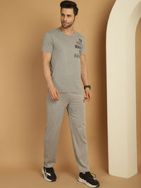 Vimal Jonney Grey Melange Cotton Printed Co-ord Set Tracksuit For Men(Zip On 1 Side Pocket)