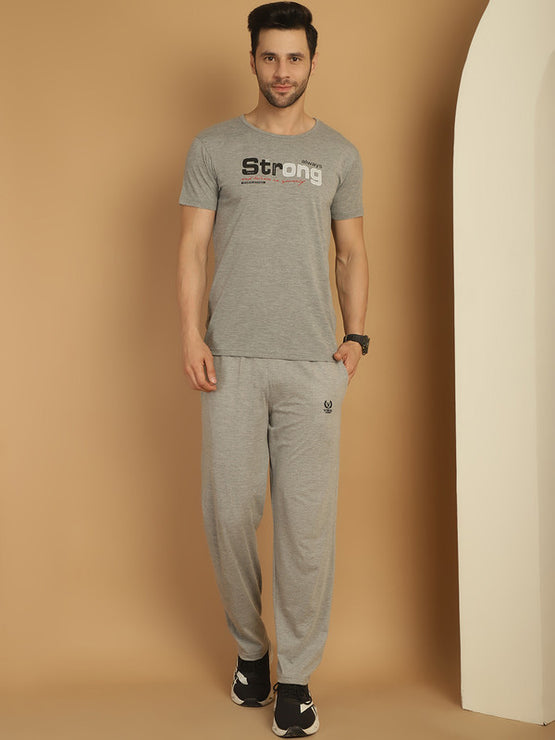 Vimal Jonney Grey Melange Cotton Printed Co-ord Set Tracksuit For Men(Zip On 1 Side Pocket)