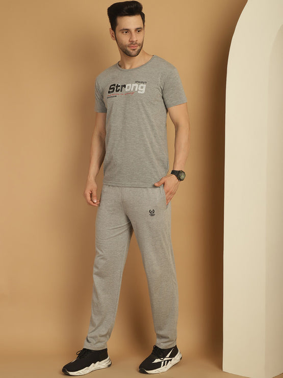 Vimal Jonney Grey Melange Cotton Printed Co-ord Set Tracksuit For Men(Zip On 1 Side Pocket)