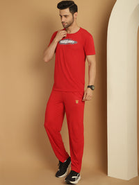 Vimal Jonney Printed  Red Round Neck Cotton  Half sleeves Co-ord set Tracksuit For Men