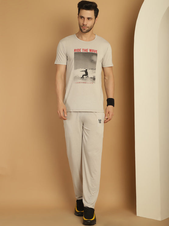 Vimal Jonney Printed  Light Grey Round Neck Cotton  Half sleeves Co-ord set Tracksuit For Men