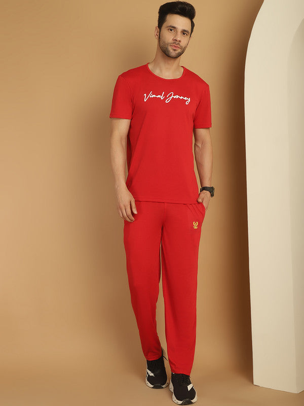 Vimal Jonney Logo Print  Red Round Neck Cotton  Half sleeves Co-ord set Tracksuit For Men