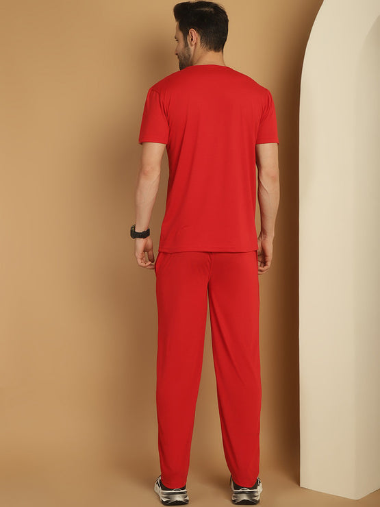 Vimal Jonney Logo Print  Red Round Neck Cotton  Half sleeves Co-ord set Tracksuit For Men