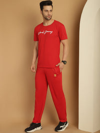 Vimal Jonney Logo Print  Red Round Neck Cotton  Half sleeves Co-ord set Tracksuit For Men