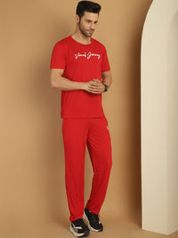 Vimal Jonney Logo Print  Red Round Neck Cotton  Half sleeves Co-ord set Tracksuit For Men