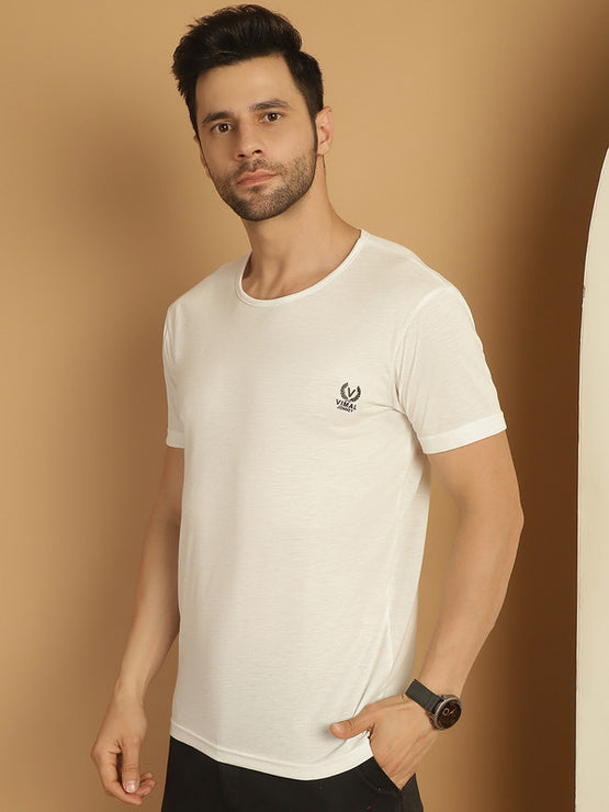 Vimal Jonney Round Neck Cotton Solid White T-Shirt for Men
