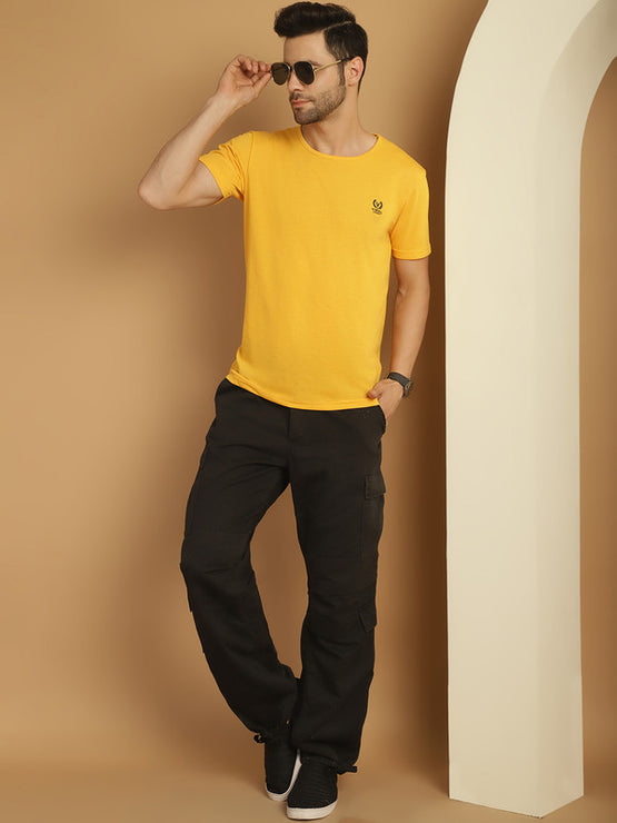 Vimal Jonney Round Neck Cotton Solid Yellow T-Shirt for Men
