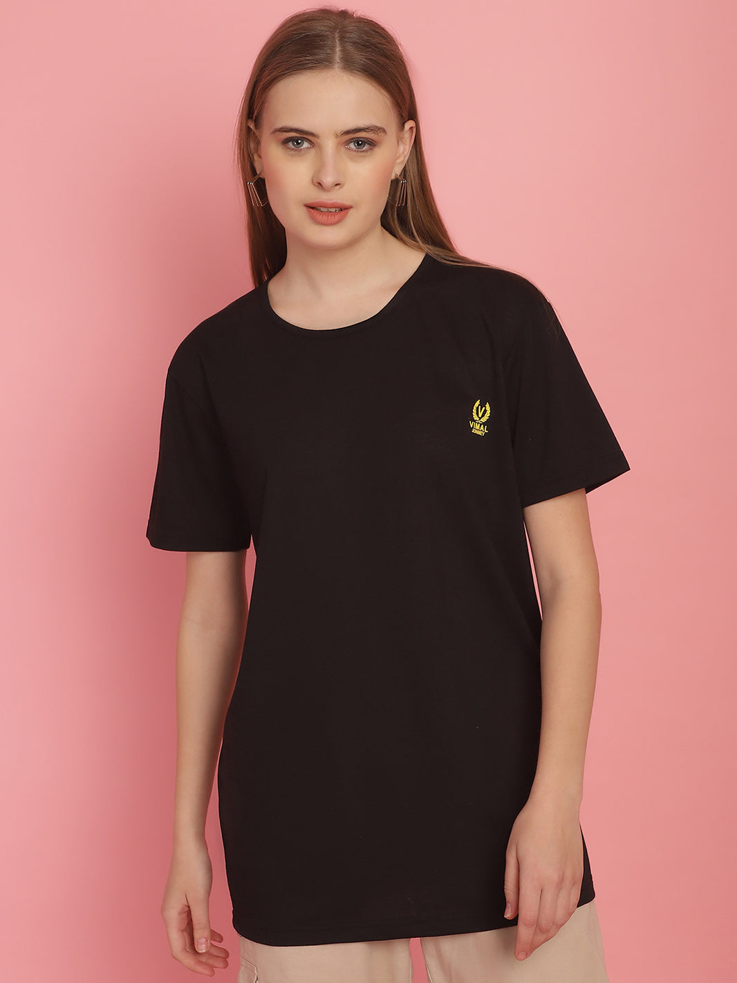 Vimal Jonney Round Neck Cotton Solid Black T-Shirt for Women