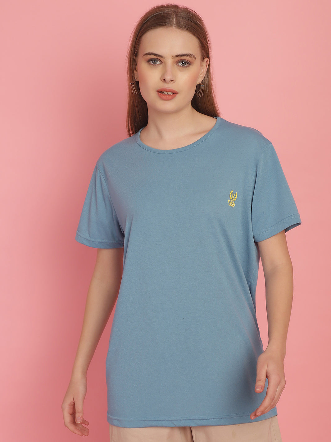 Vimal Jonney Round Neck Cotton Solid Blue T-Shirt for Women