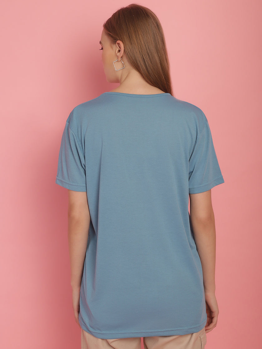 Vimal Jonney Round Neck Cotton Solid Blue T-Shirt for Women