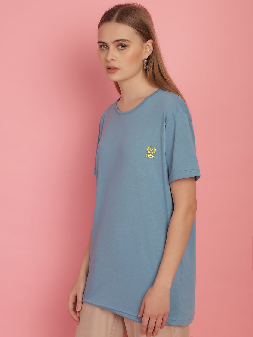 Vimal Jonney Round Neck Cotton Solid Blue T-Shirt for Women