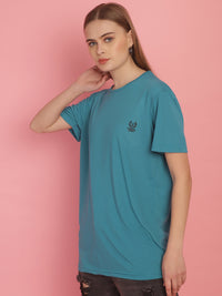 Vimal Jonney Round Neck Cotton Solid Ferozi T-Shirt for Women