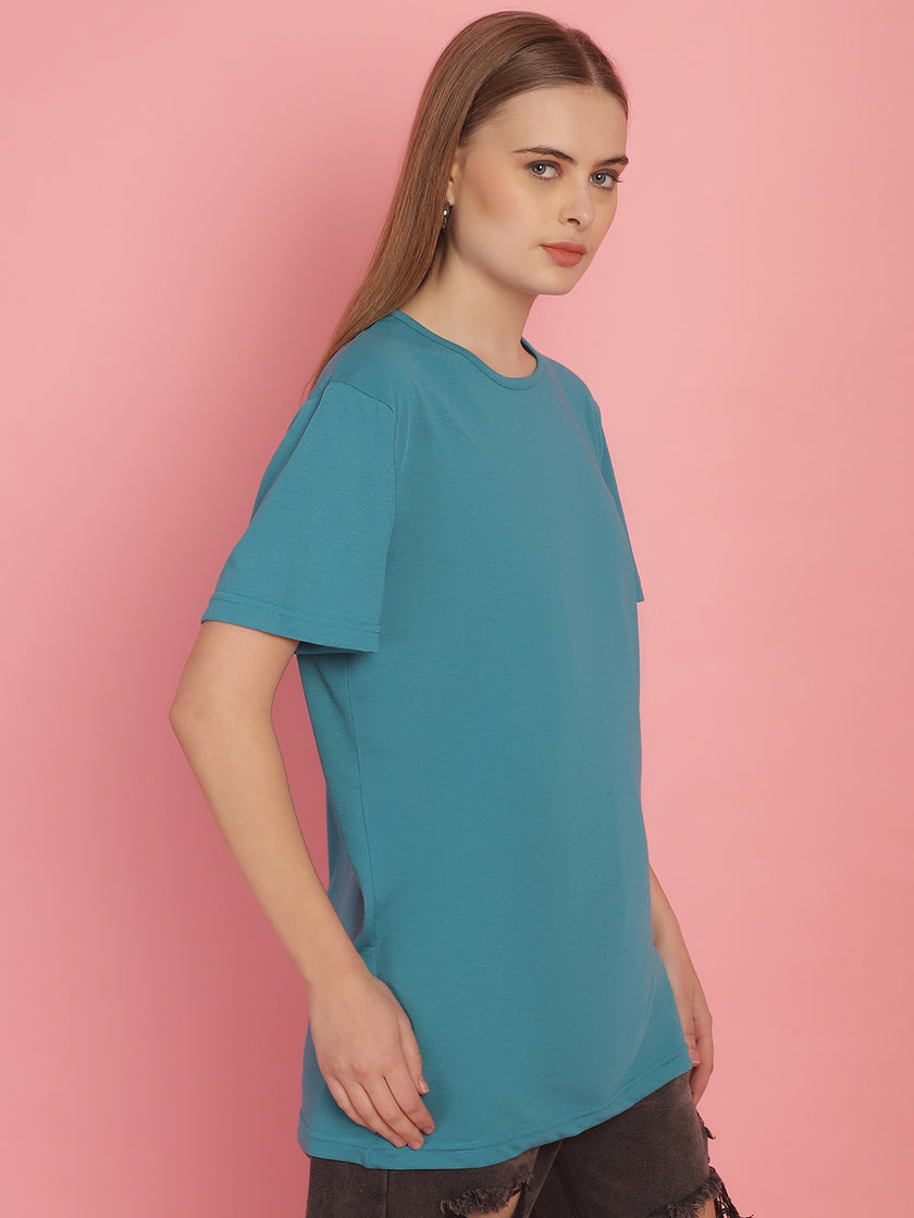 Vimal Jonney Round Neck Cotton Solid Ferozi T-Shirt for Women