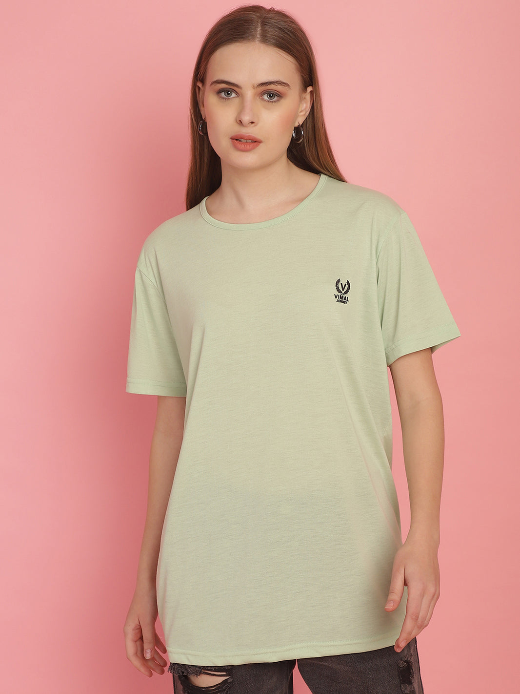 Vimal Jonney Round Neck Cotton Solid Light Green T-Shirt for Women