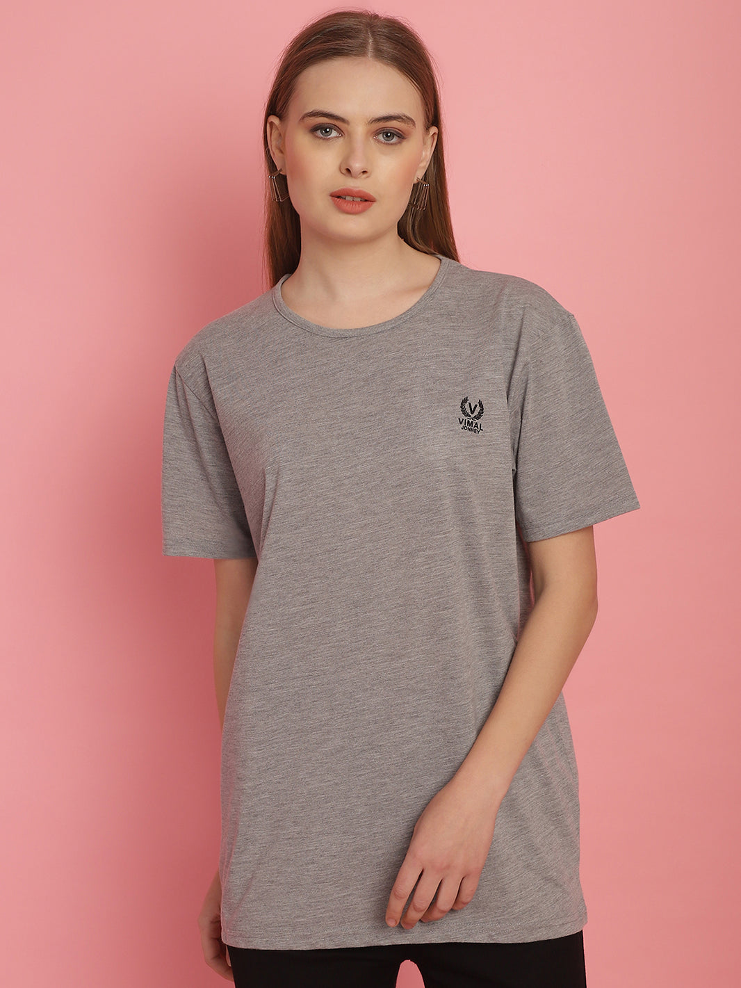 Vimal Jonney Round Neck Cotton Solid Grey Melange T-Shirt for Women