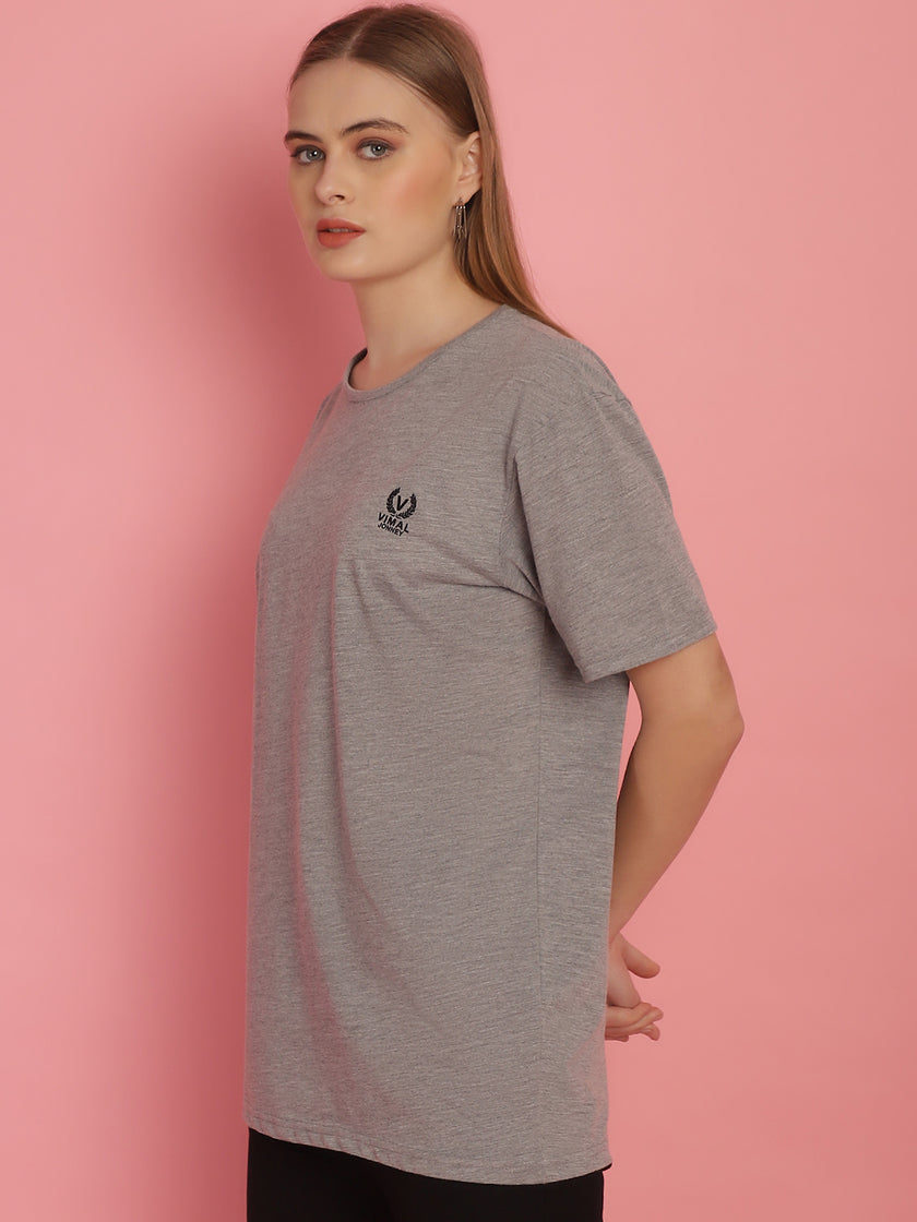 Vimal Jonney Round Neck Cotton Solid Grey Melange T-Shirt for Women