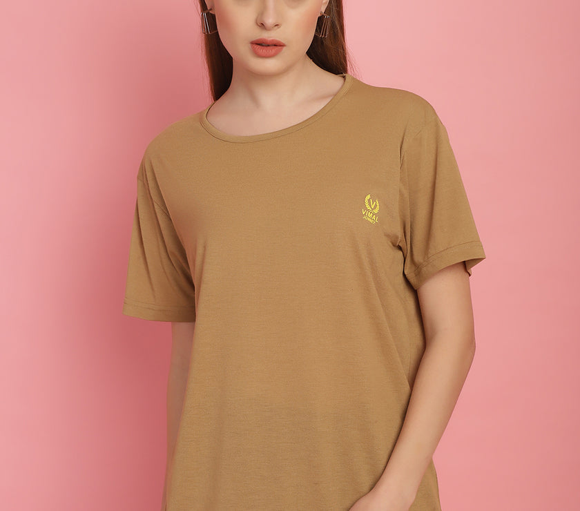 Vimal Jonney Round Neck Cotton Solid Mud T-Shirt for Women