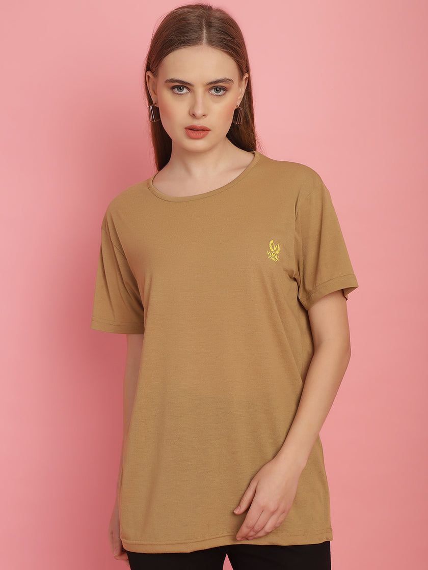 Vimal Jonney Round Neck Cotton Solid Mud T-Shirt for Women