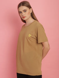 Vimal Jonney Round Neck Cotton Solid Mud T-Shirt for Women