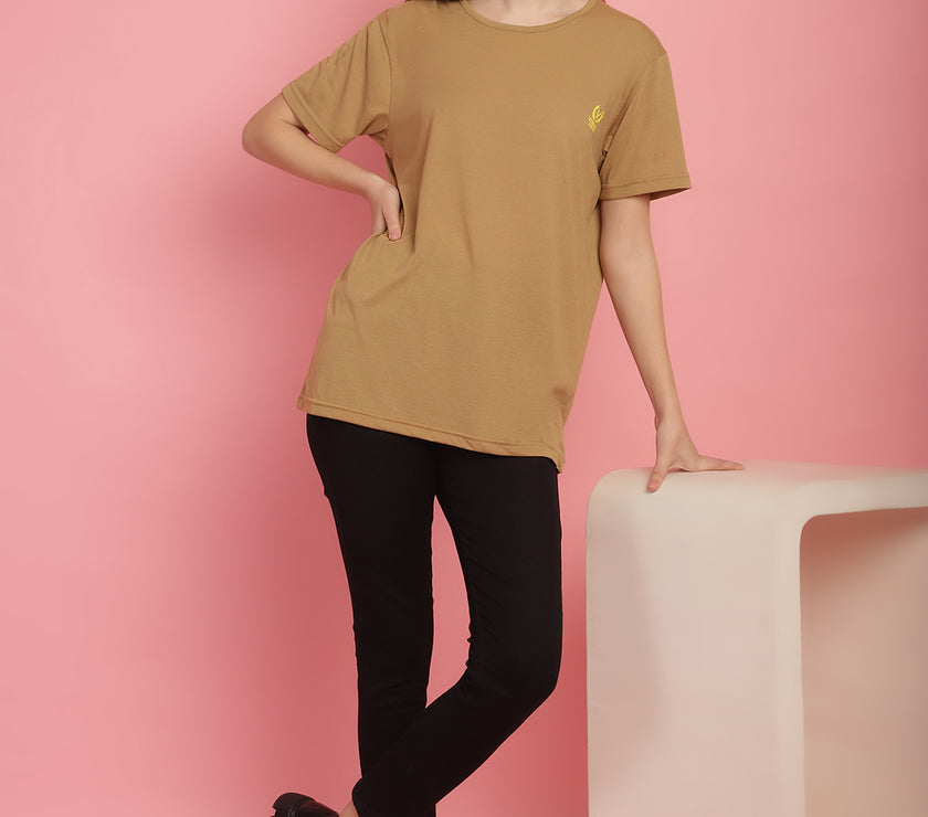 Vimal Jonney Round Neck Cotton Solid Mud T-Shirt for Women