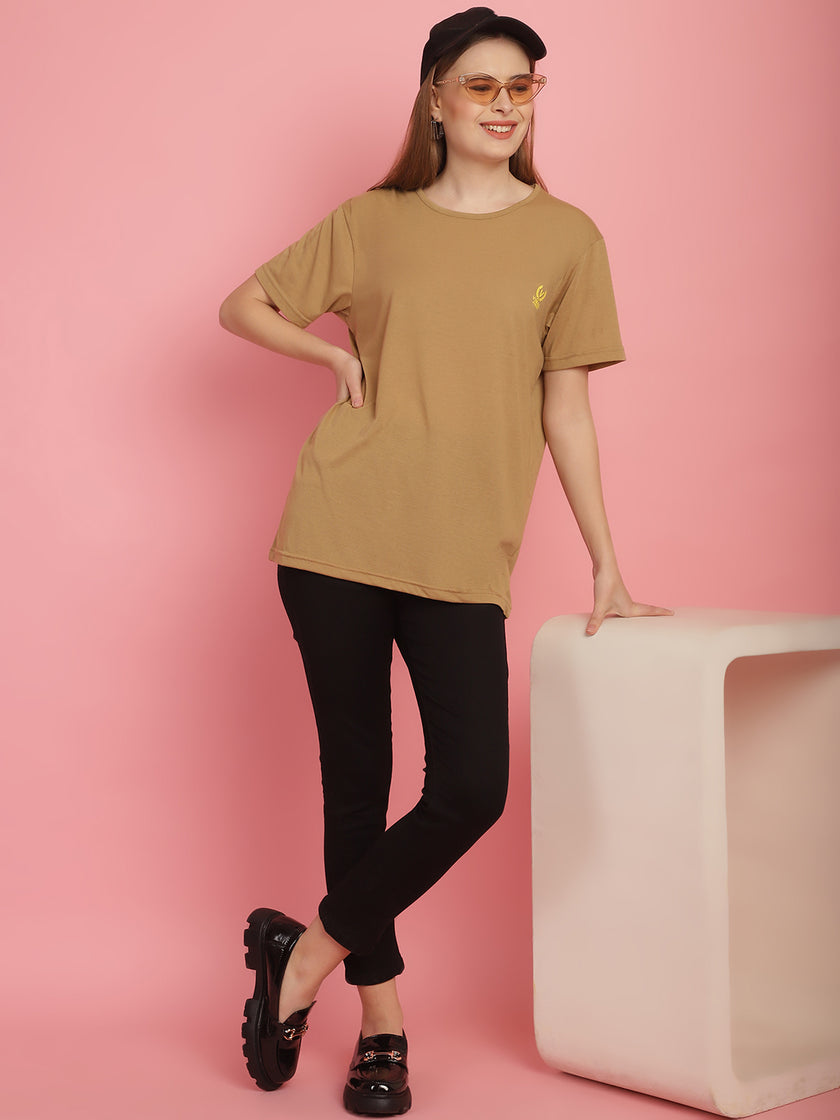 Vimal Jonney Round Neck Cotton Solid Mud T-Shirt for Women