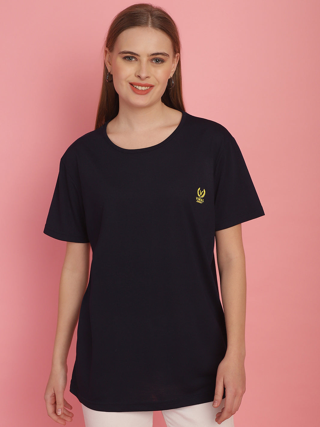 Vimal Jonney Round Neck Cotton Solid Navy Blue T-Shirt for Women