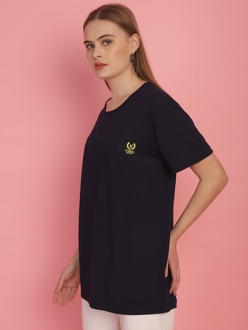 Vimal Jonney Round Neck Cotton Solid Navy Blue T-Shirt for Women