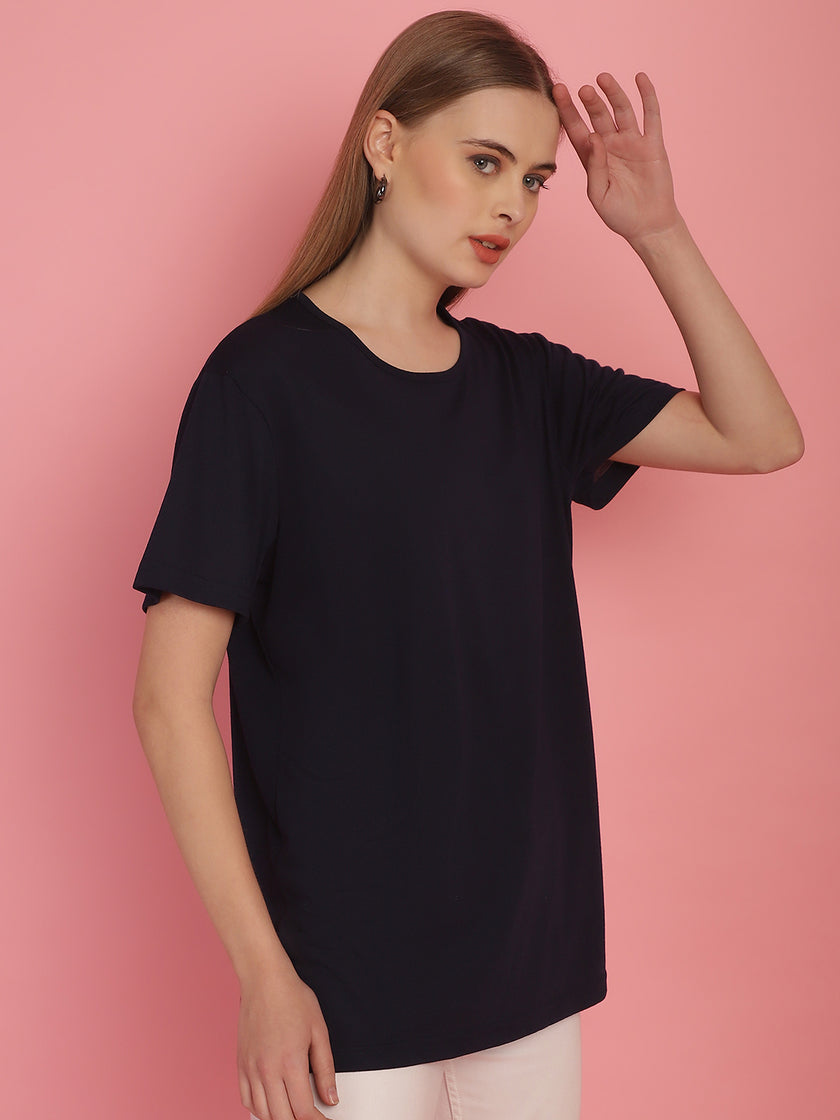 Vimal Jonney Round Neck Cotton Solid Navy Blue T-Shirt for Women