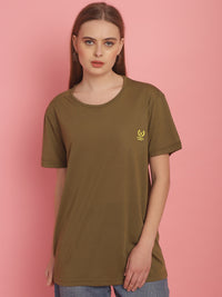 Vimal Jonney Round Neck Cotton Solid Olive T-Shirt for Women