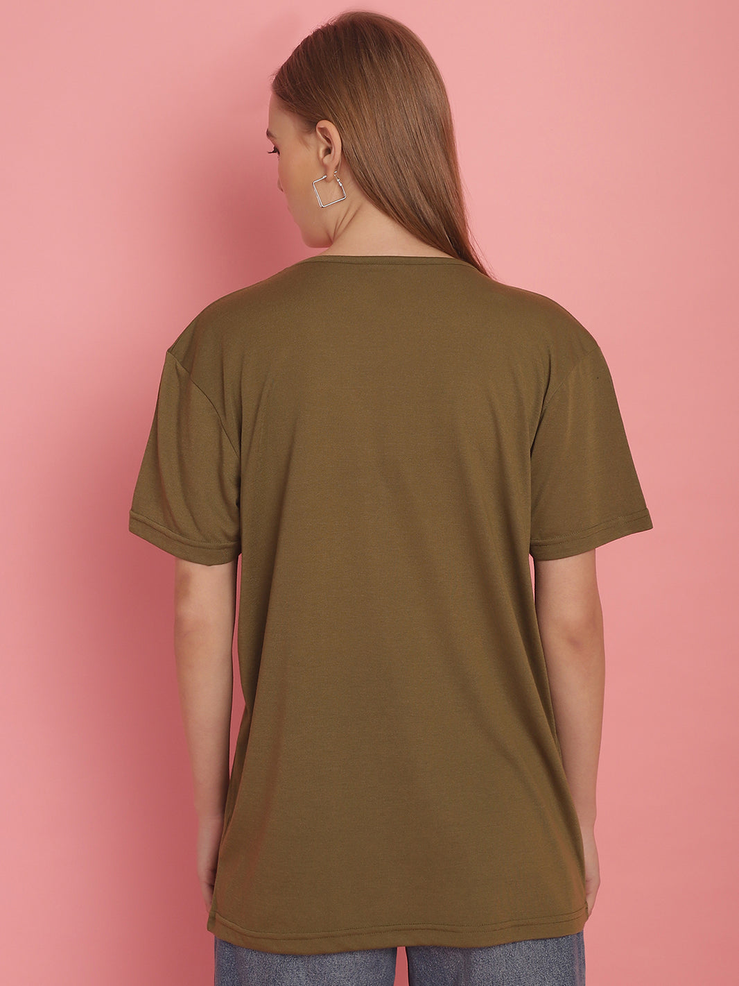 Vimal Jonney Round Neck Cotton Solid Olive T-Shirt for Women