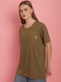 Vimal Jonney Round Neck Cotton Solid Olive T-Shirt for Women