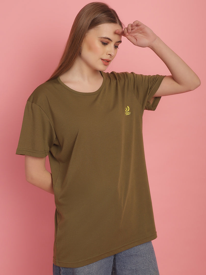 Vimal Jonney Round Neck Cotton Solid Olive T-Shirt for Women