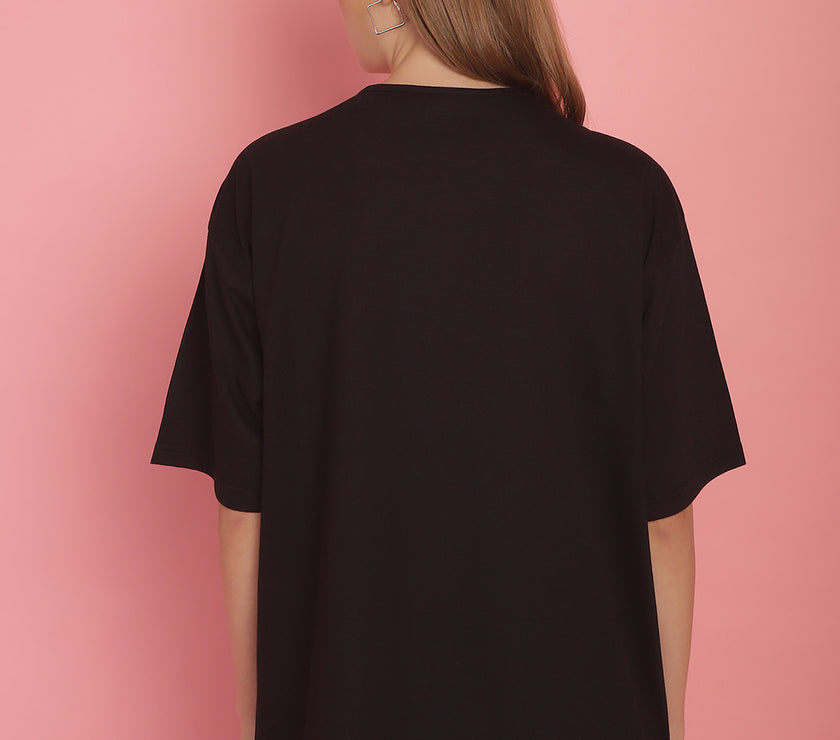 Vimal Jonney Printed Black Round Neck Cotton Oversize Half sleeves Tshirt For Women