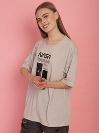 Vimal Jonney Printed Grey Round Neck Cotton Oversize Half sleeves Tshirt For Women