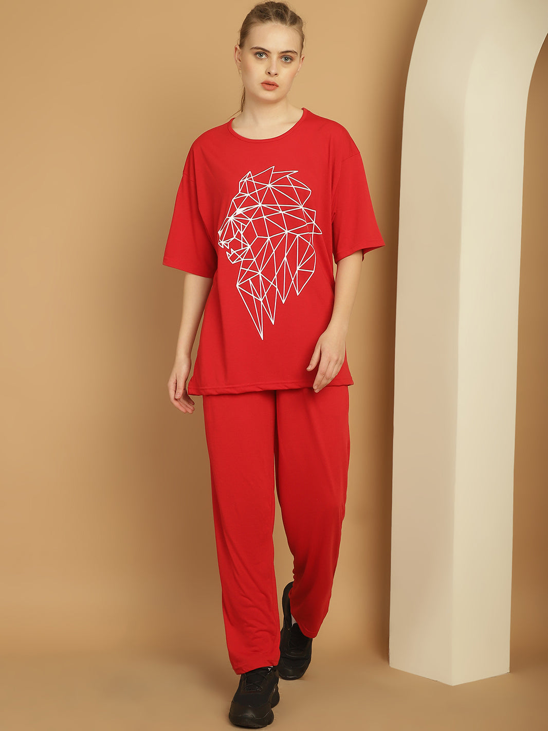 Vimal Jonney Printed  Red Round Neck Cotton Oversize Half sleeves Co-ord set Tracksuit For Women