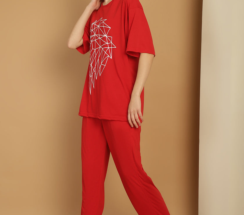 Vimal Jonney Printed  Red Round Neck Cotton Oversize Half sleeves Co-ord set Tracksuit For Women