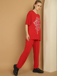 Vimal Jonney Printed  Red Round Neck Cotton Oversize Half sleeves Co-ord set Tracksuit For Women