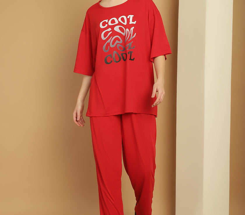 Vimal Jonney Printed  Red Round Neck Cotton Oversize Half sleeves Co-ord set Tracksuit For Women