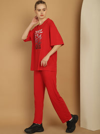 Vimal Jonney Printed  Red Round Neck Cotton Oversize Half sleeves Co-ord set Tracksuit For Women