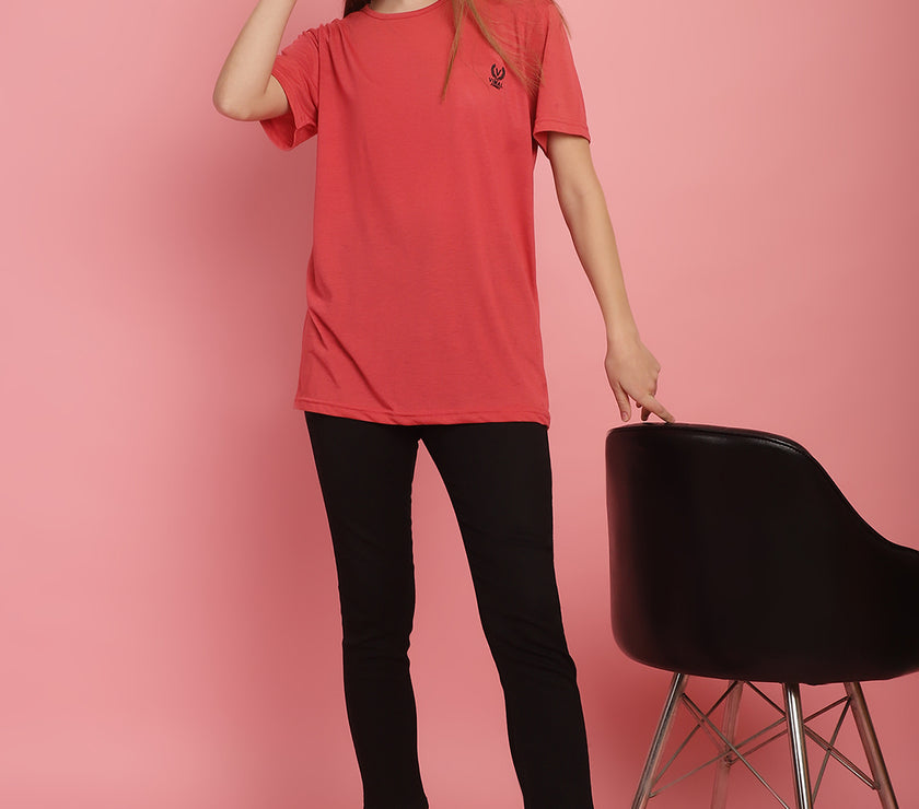 Vimal Jonney Round Neck Cotton Solid Pink T-Shirt for Women