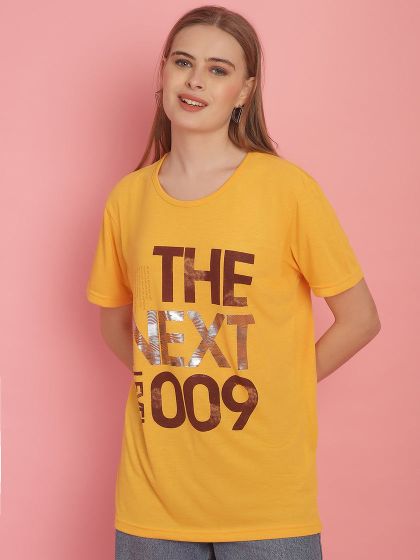 Vimal Jonney Round Neck Cotton Printed Yellow T-Shirt for Women