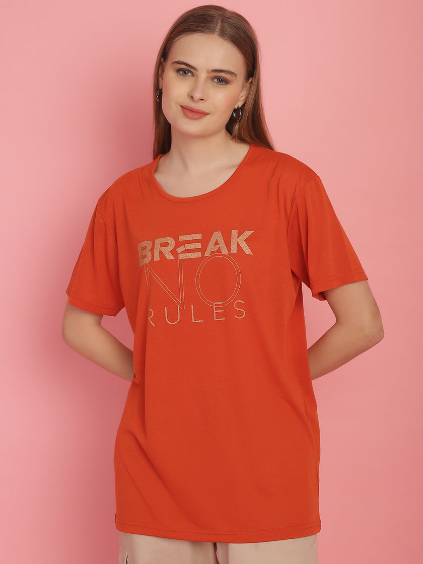 Vimal Jonney Round Neck Cotton Printed Rust T-Shirt for Women