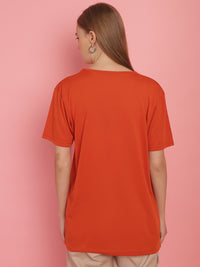 Vimal Jonney Round Neck Cotton Printed Rust T-Shirt for Women