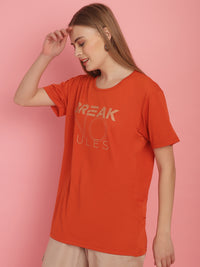 Vimal Jonney Round Neck Cotton Printed Rust T-Shirt for Women