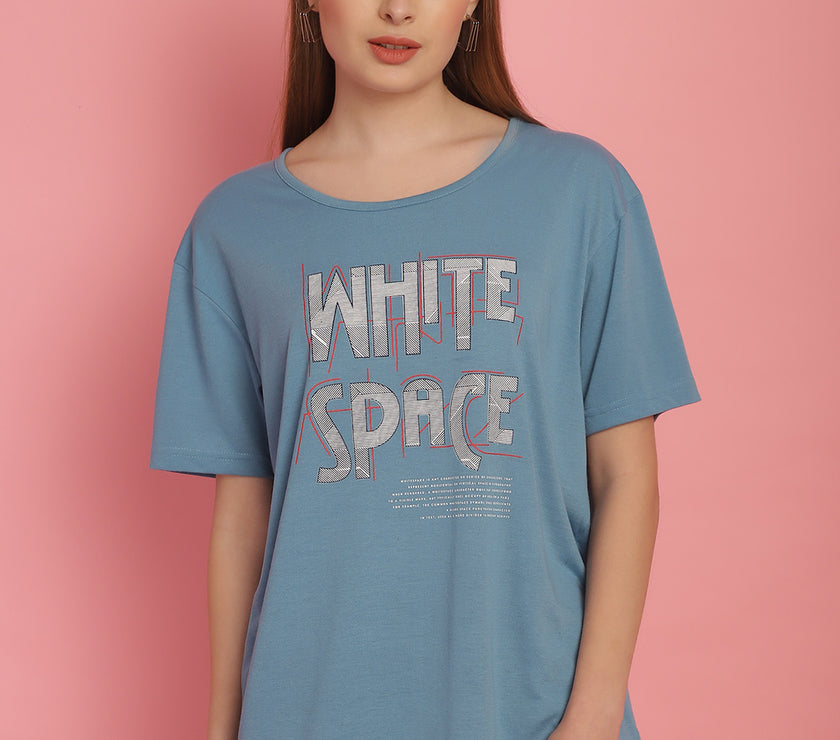 Vimal Jonney Round Neck Cotton Printed Blue T-Shirt for Women